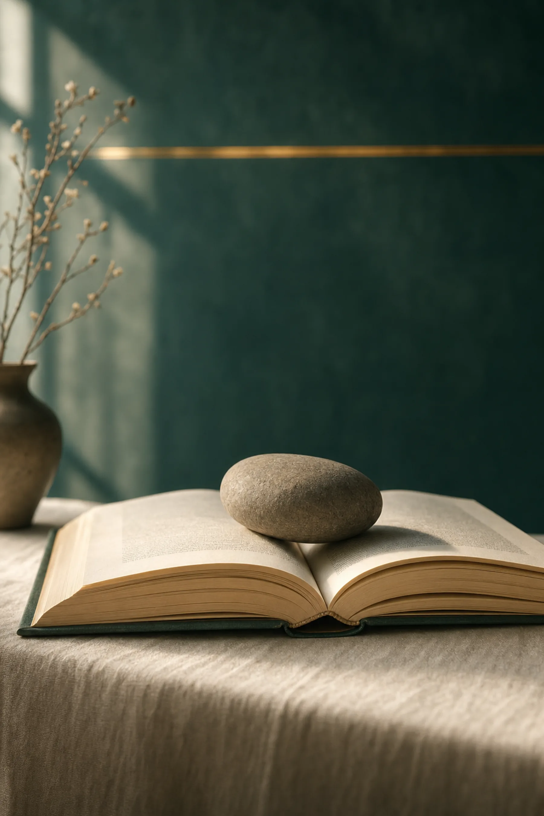 A smooth stone resting on an open book in soft window light